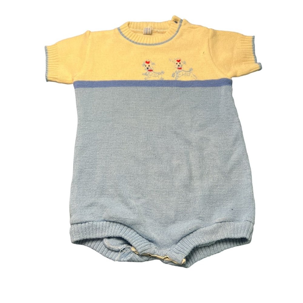 Vintage Thalhimers Infant Boy One Piece Outfit Dogs Blue White Made in England
